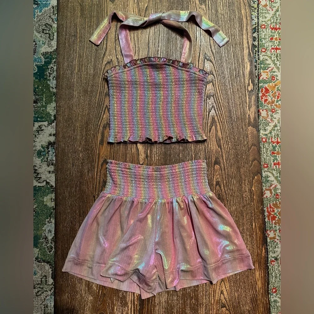 Rainbow Pink Metallic Matching Set Halter Top and Shorts TCEC